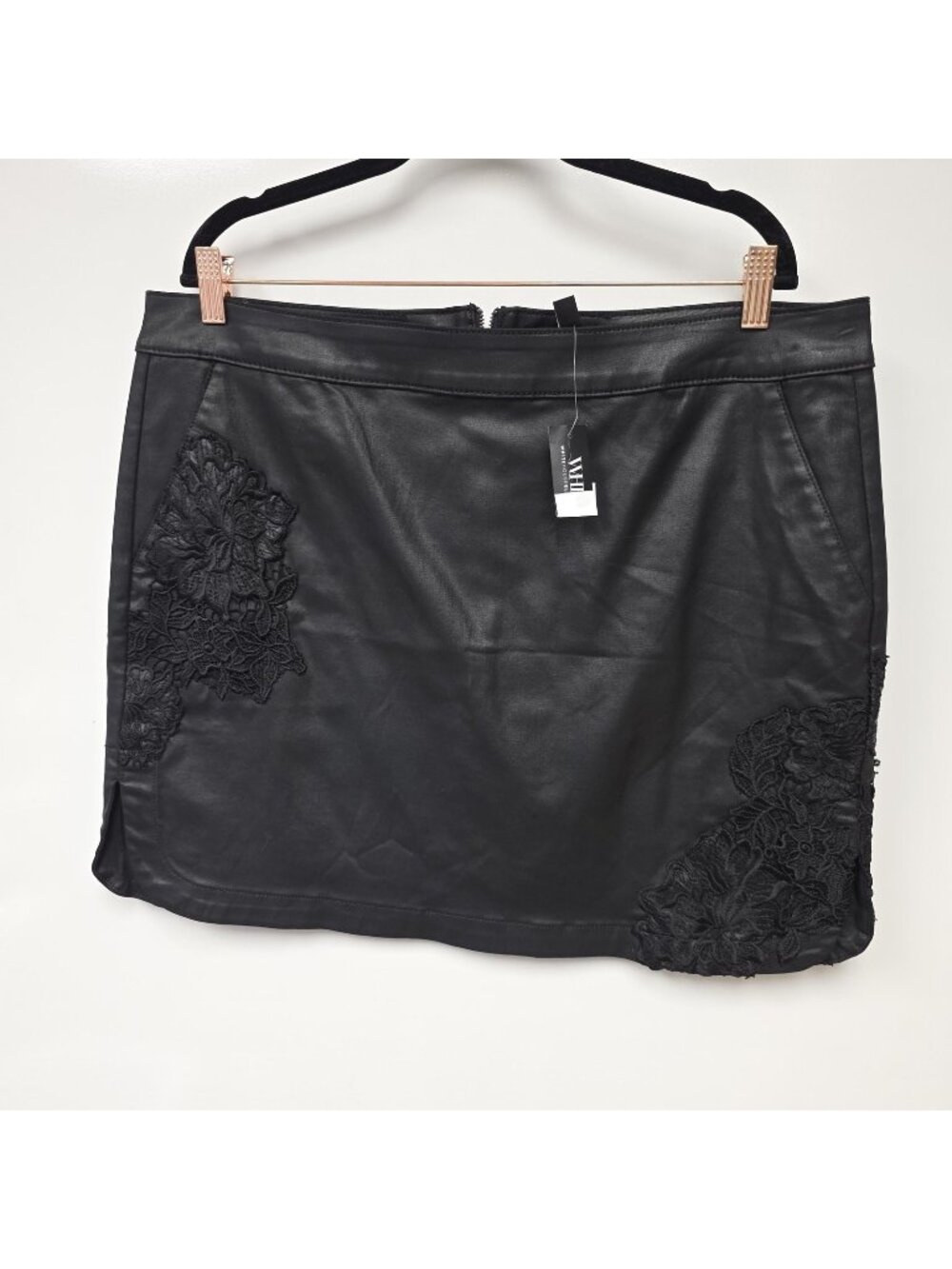 White House Black Market Skirt Womens 16 Black Coated Denim Lace Short Pencil
